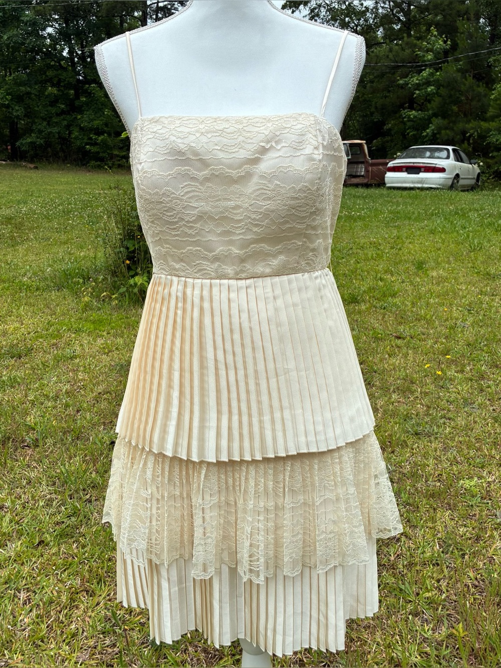 Vintage Cream Lace Pleated Mini Dress Coquette Fairy